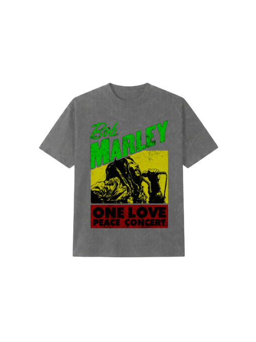 Camiseta manga curta Bob Marley One Love Peace Concert cinza estonada, estampa frontal com foto do artista no microfone