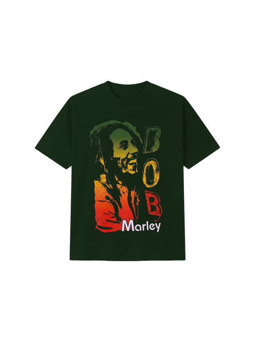 Camiseta manga curta Bob Marley Photo Green verde musgo, estampa frontal com foto do artista em degradê e nome ao lado