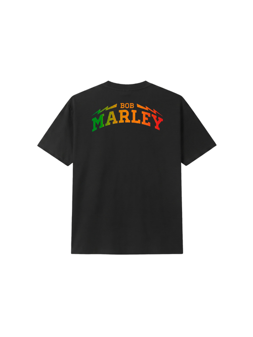 Camiseta manga curta Bob Marley Roots Rock Reggae preta, estampa nas costas com logo Bob Marley em degradê verde amarelo e vermelho