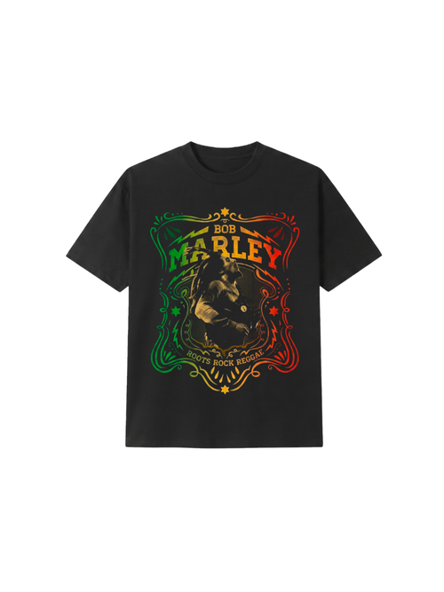 Camiseta manga curta Bob Marley Roots Rock Reggae preta, estampa frontal com brasão colorido e foto do artista