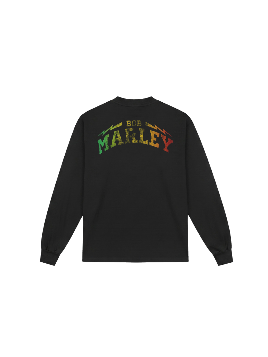 Camiseta manga longa Bob Marley Rasta preta, estampa nas costas com logo Bob Marley em degradê verde amarelo e vermelho