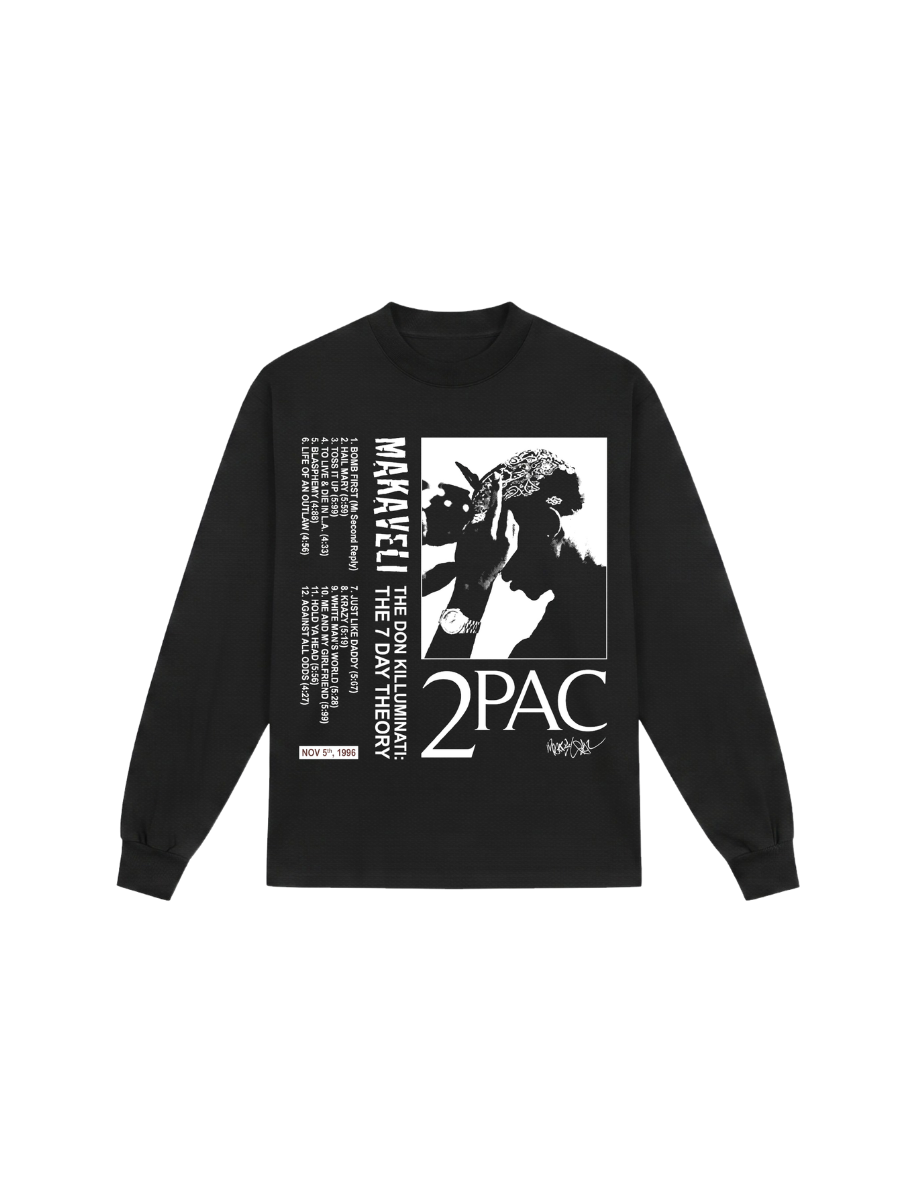 Camiseta manga longa Tupac Makaveli preta, estampa frontal estilo capa de álbum com retrato e faixas do disco The 7 Day Theory
