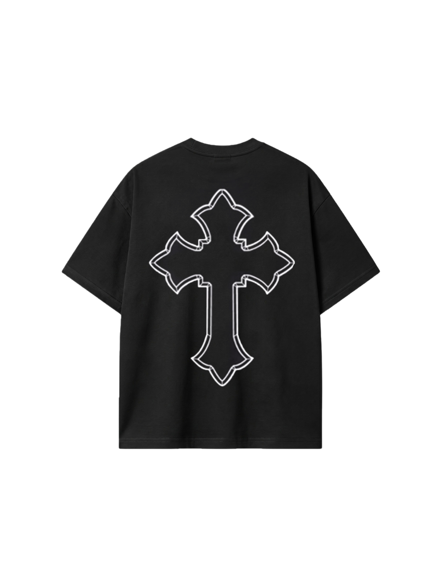 Camiseta oversized Tupac Gothic Cross preta, estampa nas costas com cruz gótica em contorno branco