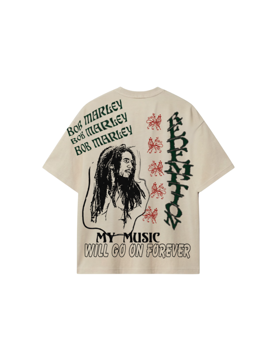 Camiseta oversized Bob Marley Redemption bege, estampa nas costas com retrato, leões e frase My music will go on forever