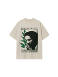 Camiseta oversized Bob Marley Redemption bege, estampa frontal com retrato e frase I've been here before and will come again
