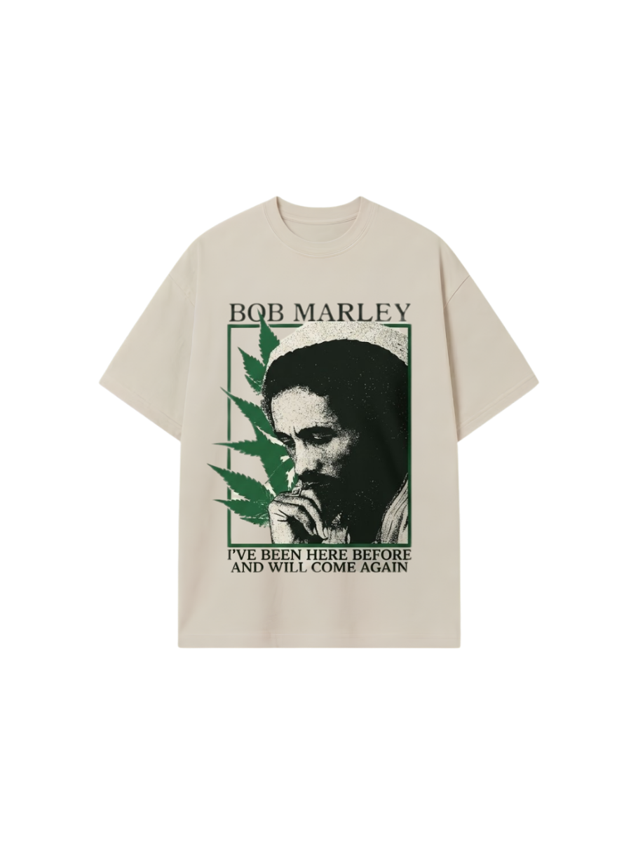 Camiseta oversized Bob Marley Redemption bege, estampa frontal com retrato e frase I've been here before and will come again